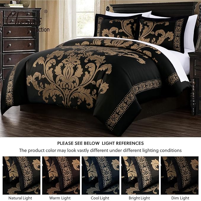 Chezmoi Collection Valor 7-Piece King Bed in a Bag, Black/Gold Luxury Jacquard Floral Comforter with Sheets Set for All Season