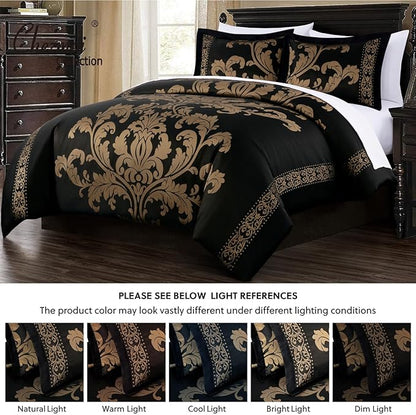 Chezmoi Collection Valor 7-Piece Queen Bed in a Bag, Black/Gold Luxury Jacquard Floral Comforter with Sheets Set for All Season