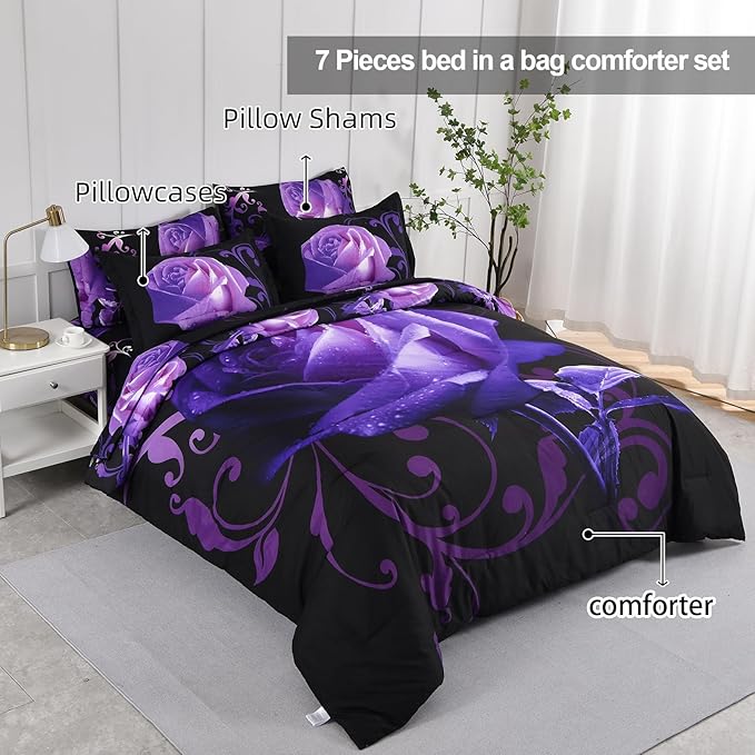 Xruibed Floral Comforter Set Queen 7 Piece Bed in a Bag Purple Rose Flower Comforter with Sheet Set Soft Micorfiber Bedding Set (1 Comforter,2 Pillow Shams,1 Flat Sheet,1 Fitted Sheet,2 Pillowcases)