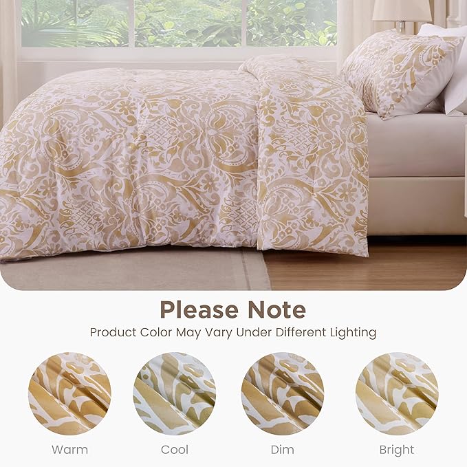 Sophia & William Bronze Damask King Size Comforter Set, 3 Pcs Cotton Comforter Set with Printed Comforter & 2 Pillowcases, All Season Lightweight Bedding Set