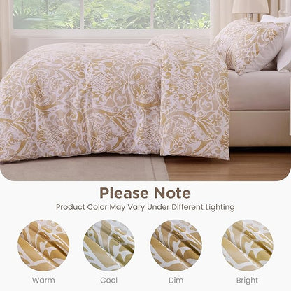 Sophia & William Bronze Damask Queen Size Comforter Set, 3 Pcs Cotton Comforter Set with Printed Comforter & 2 Pillowcases, All Season Lightweight Bedding Set