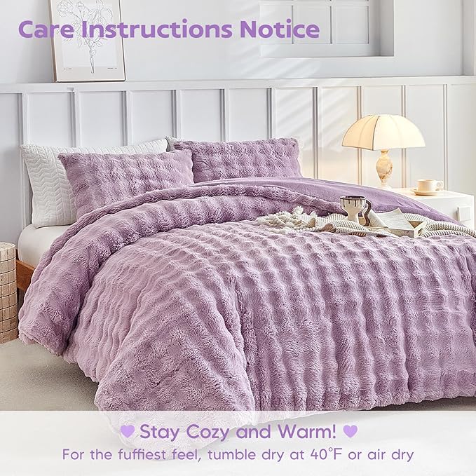 Tokokimo Faux Fur Comforter Set Queen Size, Ultra Soft Reversible Heavyweight Fluffy Queen Size Bedding, Extra Warm Winter Comforter with 2 Pillow Cases, All Season Fuzzy Comforter Set, Purple