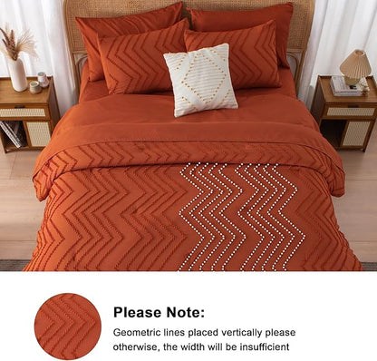 Litanika Oversized Queen Size Comforter Set with Sheets Burnt Orange - 7 Pieces Bed in a Bag Oversized Queen Boho Tufted Complete Bedding Sets with Comforter, Sheets, Pillowcases & Shams