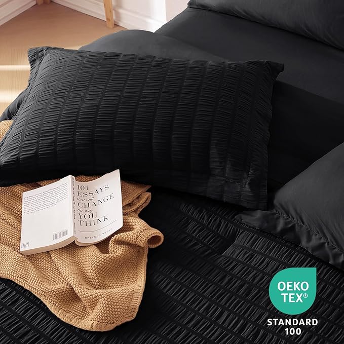 MUXHOMO 7 Pieces Full Comforter Set, Seersucker Bed in a Bag Full Size, All Season Luxury Bedding Set with Comforter, Flat Sheet, Fitted Sheet, Pillowcases & Shams, Black