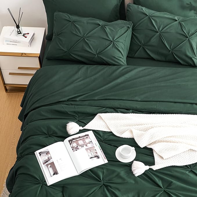 Ubauba 7pc King Size Comforter Set with Sheets Dark Green, Emerald 7 Pieces Pinch Pleat Bed in a Bag, All Season Hunter Green Beddings Set with Comforters (Green,King)