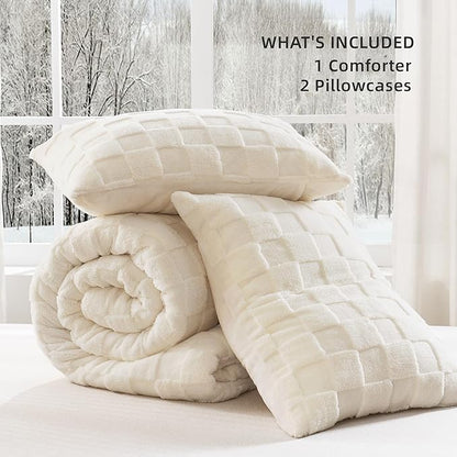 Litanika Fluffy Twin Size Comforter Set Beige, 3 Pieces Warm Sherpa Fleece Winter Bedding Set, Jacquard Checkered Plush Fuzzy Bed Set(1 Comforter, 2 Pillowcases)
