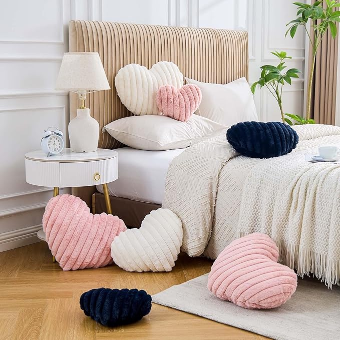 Heart Pillows Heart Decorative Pillow Soft Fluffy Heart Shaped Navy Throw Pillows with Faux Rabbit Fur Aesthetic Room Decor Cute Pillow for Valentines Mother's Day