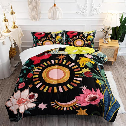 3 Pieces Black Boho Floral Comforter Set,Paisley Bedding Set King Size,Bohe Colorful Flower Leaves Printed on Black Design,All Season Lightweight Soft Microfiber (1 Comforter with 2 Pillowcases)