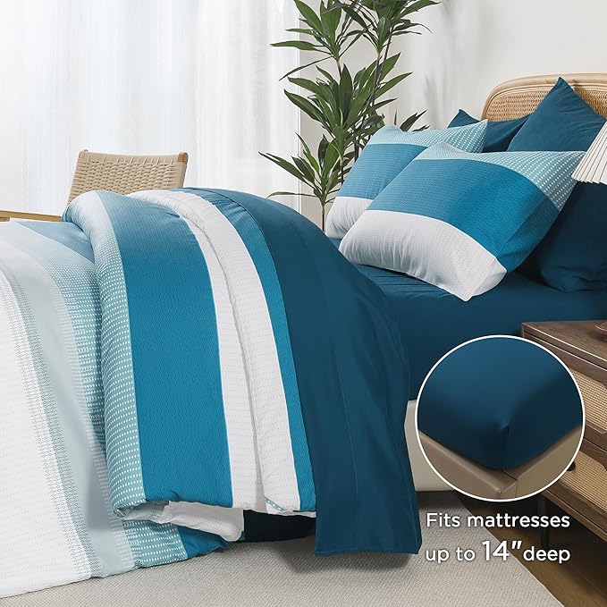 Andency Queen Comforter Set Teal - 7 Pieces Striped Lightweight Bed in a Bag, Soft Microfiber Reversible Bedding Set with Comforter, Fitted & Flat Sheet, Pillowcases & Shams