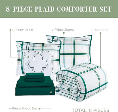 Elegant Comfort 8-Piece Lodge Plaid Reversible Comforter Set - All Season Bed in a Bag, 4-Piece Sheet Set Featuring Smart Pockets, Matching Shams and Decorative Pillow, Twin/Twin XL, Emerald Green