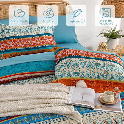 Boho Comforter Set Queen Size,7 Pieces Bohemian Comforter Bedding Set Bed in a Bag,Teal Paisley Floral Comfortet and Sheet Set,Soft Microfiber Striped Bedding Sets for All Season