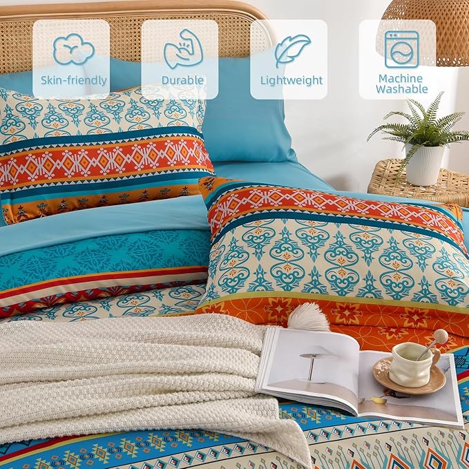 Comforter Set King Size Boho,7 Pieces Bohemian Bedding Comforter Set Striped Bed in a Bag,Teal Paisley Floral Comfortet and Sheet Set,Soft Microfiber Bedding Sets for All Season