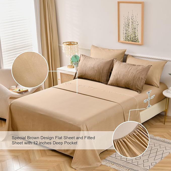 WONGS BEDDING Brown Comforter Set Queen,7 Pieces Bed in a Bag Abstract Art Gradient Comforter Soft Microfiber Bedding Set -1 Comforter, 1 Flat Sheet, 1 Fitted Sheet, 2 Pillow Shams,2 Pillowcases