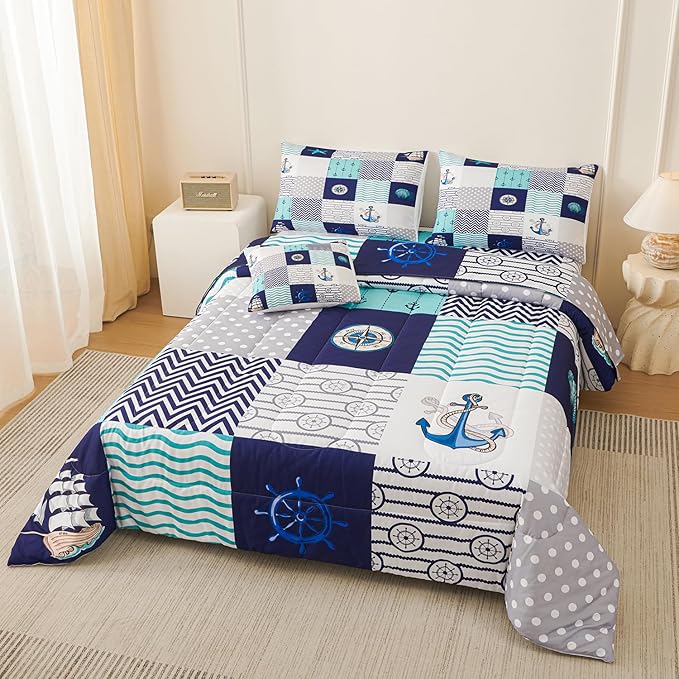 Namoxpa6 Pieces Sea Ocean Comforter Sets,3D Blue Pattern,Decorative 6 Piece Bedding Sets with Comforter,Flat Sheet,Fitted Sheet,Throw Pillow Cover,Pillow Shams,Twin Size