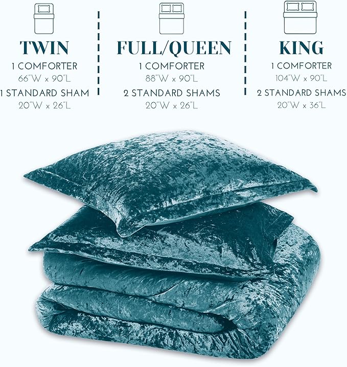 Comfort Spaces Juliette Luxe Comforter Set Velvet Lush with Soft Brushed Microfiber Reverse, All Season Cozy Velvet Bedding Sets, Fluffy Comforter Bed Set, Matching Sham, Teal Full/Queen 3 Piece