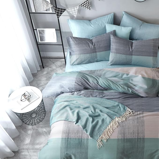 mixinni Simple Patchwork Print Comforter Set Twin XL Size Bed Fluffy Blue Mint Green Geometric Pattern Comforter for Boys Women and Men, 1 Modern Comforter and 2 Pillowcases for All Season
