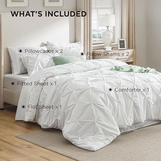 Bedsure Queen Comforter Set White - Bed in a Bag Queen Size Bedding 7 Pieces, GentleSoft™ Pintuck Bed Set Gift for Family, Pinch Pleat All Season Comforter with Sheets, Pillowcases & Shams