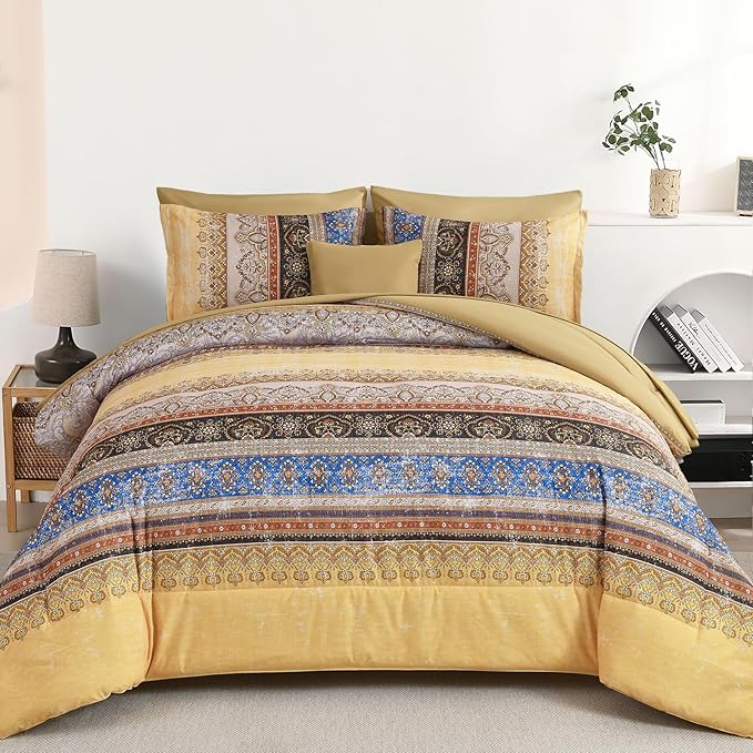 Cottolester Boho King Size Comforter Set 8 Pieces, Yellow Bohemian Striped Bed in a Bag, Paisley Soft Microfiber Bedding Comforter Set