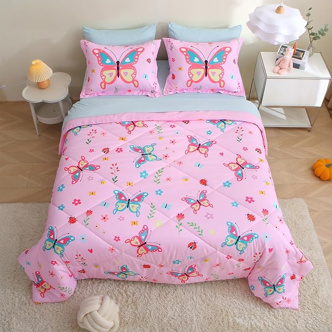 Girls Butterfly Comforter Set Queen Size 7 Piece Bed in A Bag Colorful Pink Flowers Leaves Bedding Set for Kids Teens Super Soft All Season