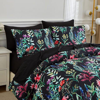 7 Piece Bed in a Bag Floral Comforter Set, Botanical Flowers Comforter and Sheet Set, Soft Microfiber Lightweight Bedding Comforter Set for All Season(Dark Floral, King)