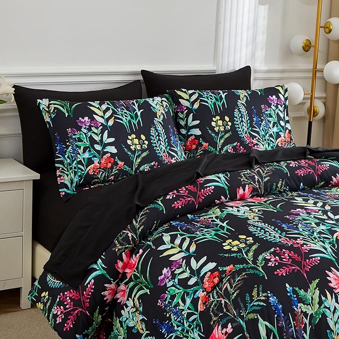 7 Piece Bed in a Bag Floral Comforter Set, Botanical Flowers Comforter and Sheet Set, Soft Microfiber Lightweight Bedding Comforter Set for All Season(Dark Floral, King)