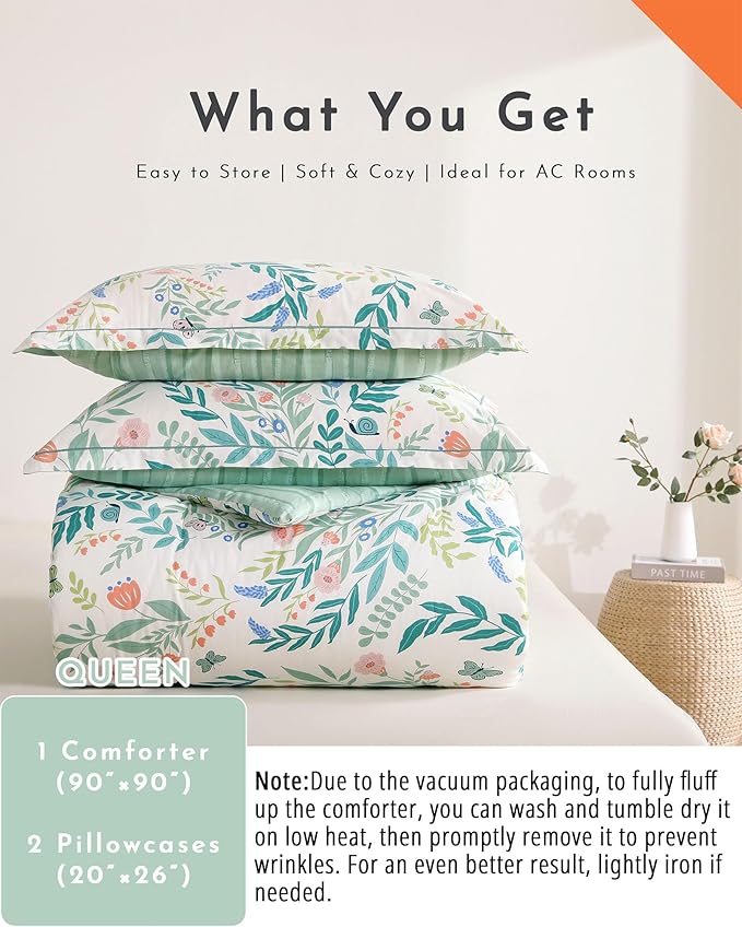 Botanical Cotton Comforter Queen Size 3Pcs - Cute Garden Floral Design with Green Leaves & Coral and Pink Flowers,Sage Striped Reverse,Lightweight Reversible Bedding Sets(Full/Queen,90"×90")