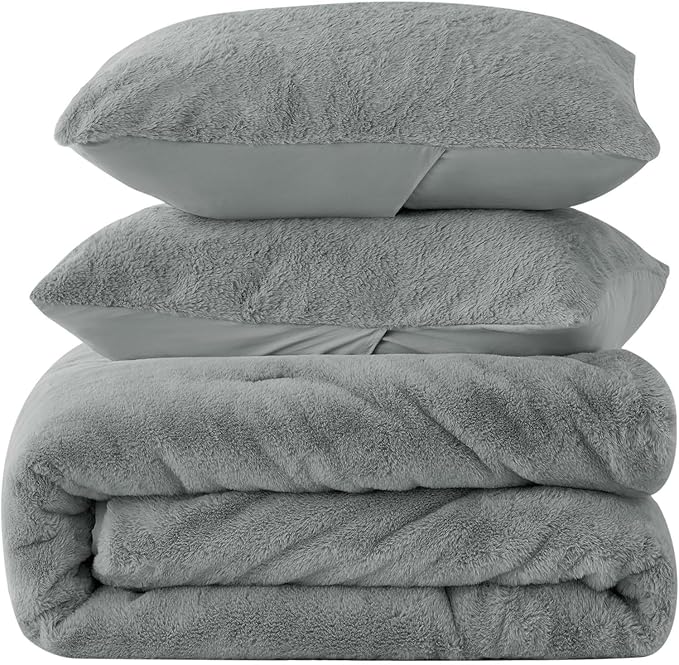 BEDELITE Faux Fur Fleece King Comforter Set - Fluffy & Warm Grey Comforter King Size，Ultra Soft and Cozy Winter Bedding Set,Fuzzy Thick Bed Set,1 Comforter and 2 Pillowcases