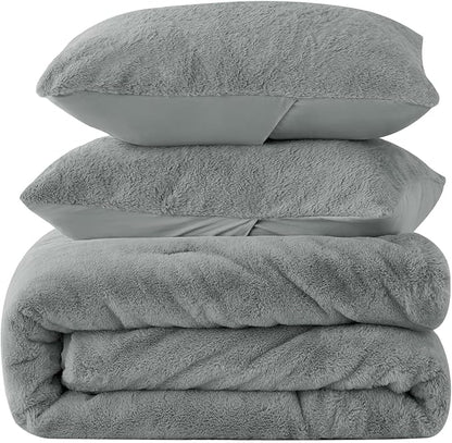 BEDELITE Faux Fur Fleece King Comforter Set - Fluffy & Warm Grey Comforter King Size，Ultra Soft and Cozy Winter Bedding Set,Fuzzy Thick Bed Set,1 Comforter and 2 Pillowcases