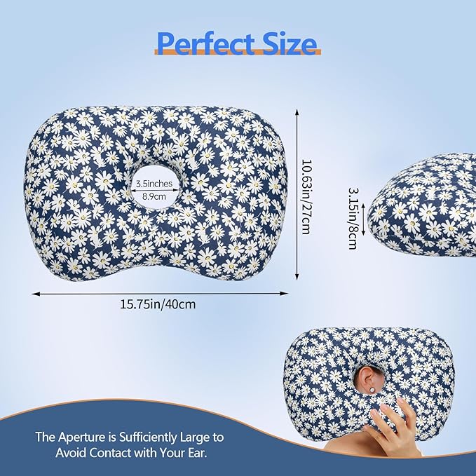 Ear Piercing Pillow for Side Sleepers, Pillow with an Ear Hole for CNH and Ear Pain Ear Inflammation Pressure Sores (Blue Flowers, 17.3"x12.6"x2")