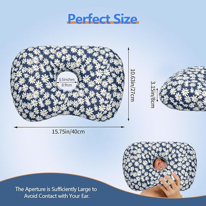 Ear Piercing Pillow for Side Sleepers, Pillow with an Ear Hole for CNH and Ear Pain Ear Inflammation Pressure Sores (Blue Flowers, 17.3"x12.6"x2")