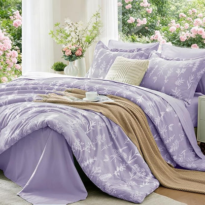 MUXHOMO Lavender Purple Bed in a Bag King 7 Pieces, King Comforter Set Reversible Botanical Flowers Design, Ultra Soft & Breathable Bedding Sets with Comforter, Sheets, Pillowcases & Shams