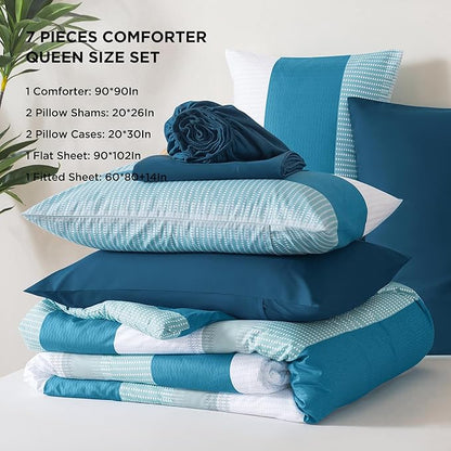 Andency Queen Comforter Set Teal - 7 Pieces Striped Lightweight Bed in a Bag, Soft Microfiber Reversible Bedding Set with Comforter, Fitted & Flat Sheet, Pillowcases & Shams