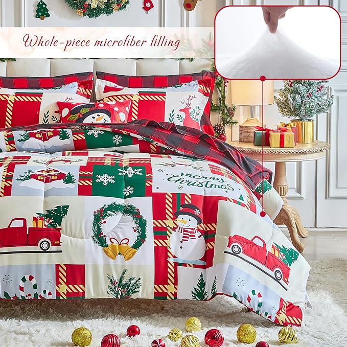 Christmas Patchwork Bed in a Bag 6 Pcs Twin Size, Colorful Festival Pattern Plaid Bedding Comforter Set Warm for Winter(1 Comforter, 1 Flat Sheet, 1 Fitted Sheet, 2 Pillow Shams, 1 Pillowcase)