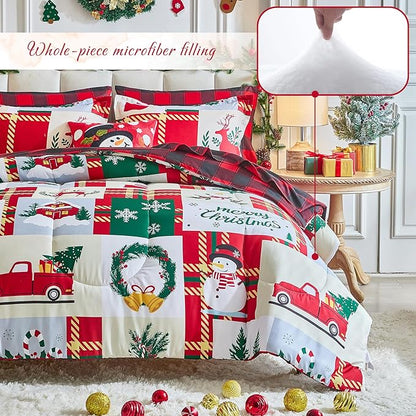 Christmas Patchwork Bed in a Bag 6 Pcs Twin Size, Colorful Festival Pattern Plaid Bedding Comforter Set Warm for Winter(1 Comforter, 1 Flat Sheet, 1 Fitted Sheet, 2 Pillow Shams, 1 Pillowcase)