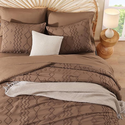 King Size Comforter Set Brown, Tufted Geometric Boho Bedding Farmhouse Bed Set, All Season 7 Pieces Bed in a Bag with Sheets, Pillowcases & Shams