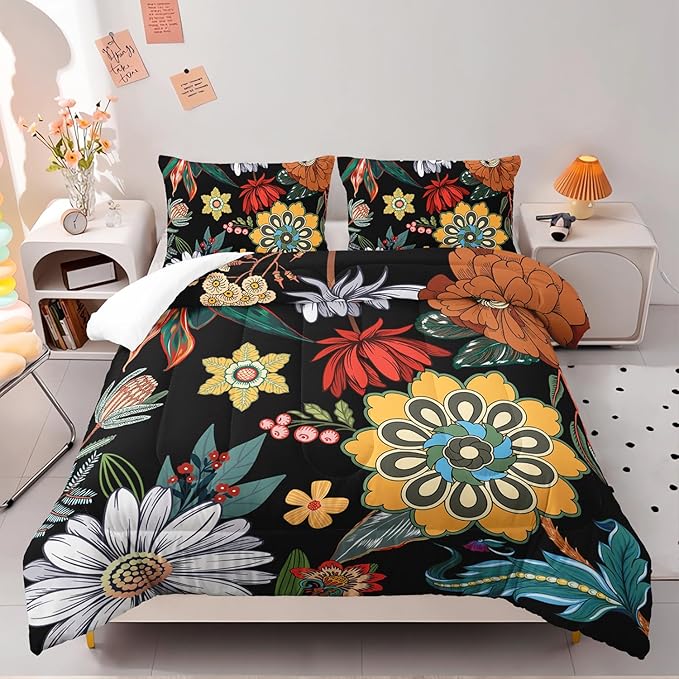 3 Pieces Colorful Floral Comforter Set,Bohemian Botanical Bedding Set Full Size,Boho Farmhouse Flower Leaves Printed on Black Design,All Season Lightweight Soft Microfiber Bedding with 2 Pillow Shams