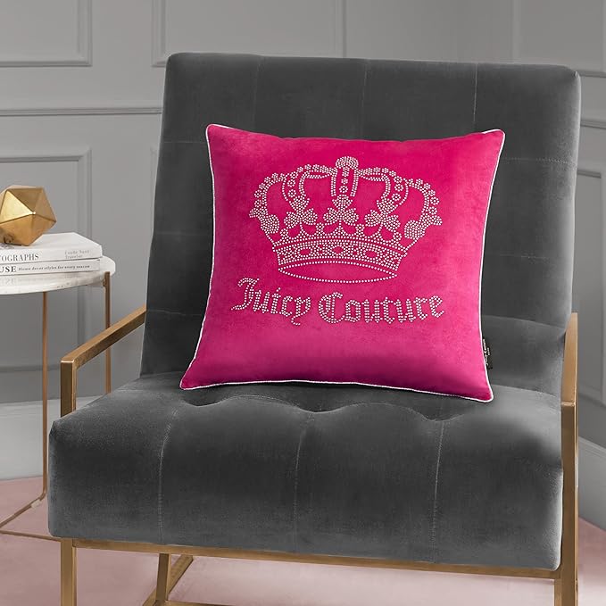 Juicy Couture Square 1-Piece Living Room and Bedroom Décor, Premium Throw Pillow, 20"x20", Hot Pink Rhinestone Crown