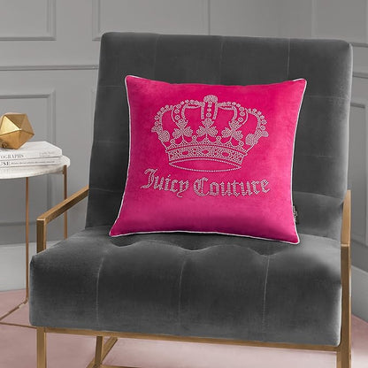 Juicy Couture Square 1-Piece Living Room and Bedroom Décor, Premium Throw Pillow, 20"x20", Hot Pink Rhinestone Crown