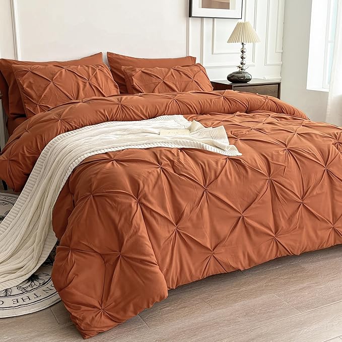 Maple&Stone Twin Comforter Set, 5 Pieces Twin Bedding Sets, Pinch Pleat Bed in a Bag Twin with Comforter, Sheets, Pillowcase & Sham - Burnt Orange
