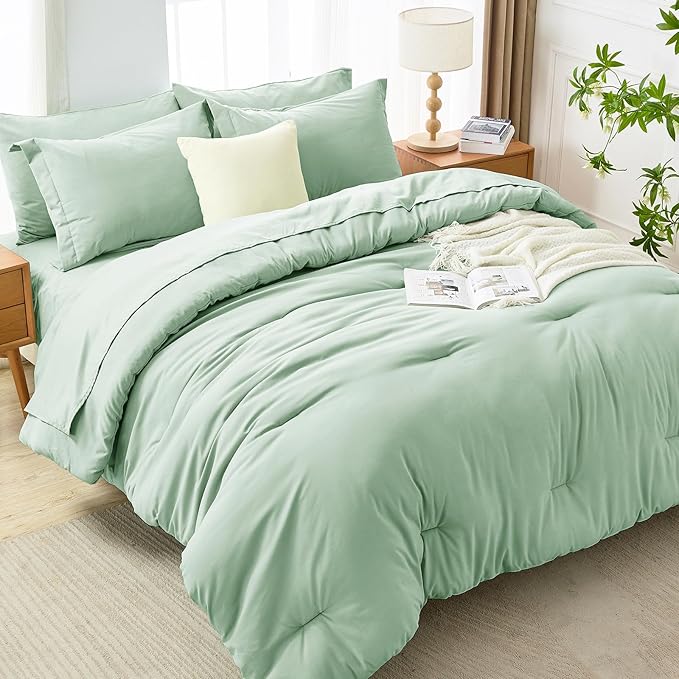 MUXHOMO 7 Pieces Full Comforter Set, Soft Bed in a Bag Full Size, All Season Bedding Set with Comforter, Flat Sheet, Fitted Sheet, Pillowcases & Shams, Sage Green