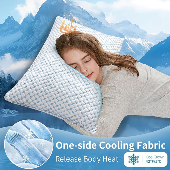 Cooling Shredded Memory Foam Pillow Queen Size - Adjustable Loft for Back & Side Sleepers, Breathable & Supportive Bed Pillow with Removable Washable Cover(Queen Pack of 1)