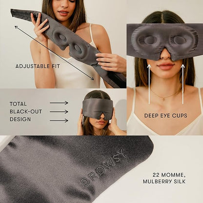 DROWSY Eyelash Protecting Silk Sleep Mask for Natural Lashes & Extensions. Deep Eye Cups, Zero Pressure, Total Blackout, Full Wraparound (Moonlight Shadow)