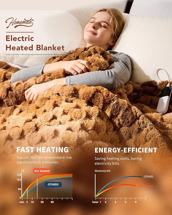 Homemate Heated Blanket Electric Throw - 50"x60" Heating Blanket Throw 4 Hours Auto-Off 10 Heat Levels Over-Heat Protection Luxury 800 GSM Faux Fur 200 GSM Sherpa ETL Certification