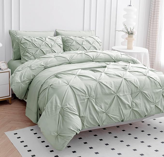 LANE LINEN Twin Comforter Set, 5 Piece Twin Bedding Sets, Ultra Soft Pintuck Twin Bed in a Bag Set with Down Alternative Comforter, Sheets, Pillowcase & Sham, Pinch Pleated Bedding Set - Mineral | Dorm guest set, Deep pocket sheet, Soft pintuck style, ...