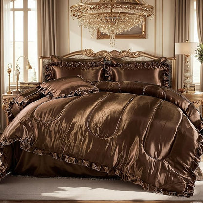 Satin Comforter Set with Sheet Set King 8 Pcs Borwn Bed in a Bag Dark Coffee Bedding Set Silk Like Satin Ruffle Home Deocr Sexy Hotel Silky Bed Set with 1 Cushion Cover