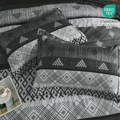 Xruibed Grey King Comforter Set 7 Pieces, Gray Boho Striped Bed in a Bag King Size Soft Microfiber All Season Bedding Set with Comforter, Sheets, Pillowcases & Shams(104"×90")
