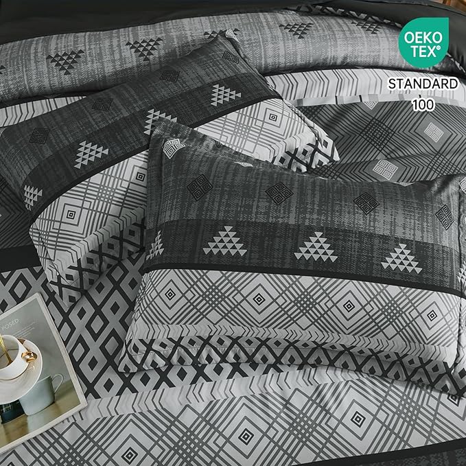 Xruibed Grey Queen Comforter Set 7 Pieces, Gray Boho Striped Bed in a Bag Queen Size Soft Microfiber All Season Bedding Set with Comforter, Sheets, Pillowcases & Shams(90"×90")