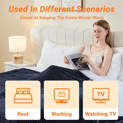 Heated Blanket Electric Queen, Soft Flannel Heating Blanket with 8 Hours Auto Off 10 Fast Heating Levels Machine Washable Sherpa Heated Blanket with Overheating Protection