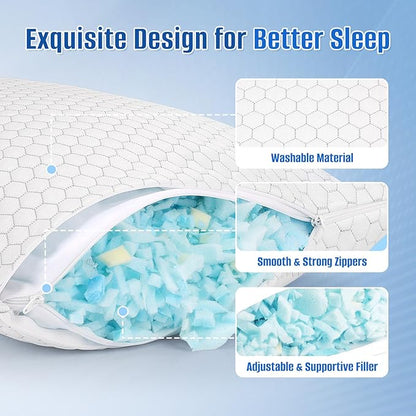 Shredded Memory Foam Pillow for Sleeping, Cooling Bed Pillows Set of 2, Adjustable Pillows for Side, Back, Stomach Sleepers with Washable Pillowcase (King Size, Grey)