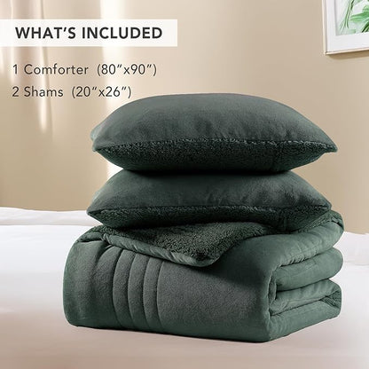 Monbix Fluffy Full Comforter Set Deep Forest, Sherpa Plush Fuzzy Comforter 3 Piece for Full Size Bed, Luxury Soft Winter Warm Bedding Set